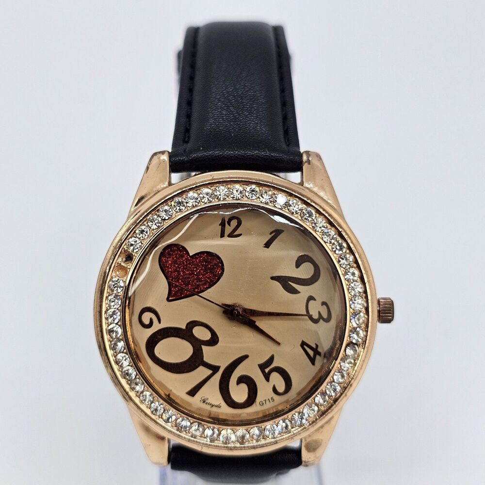 42MM Women's Watch Heart Gold Dial New Black‎ Leather Bands New Battery